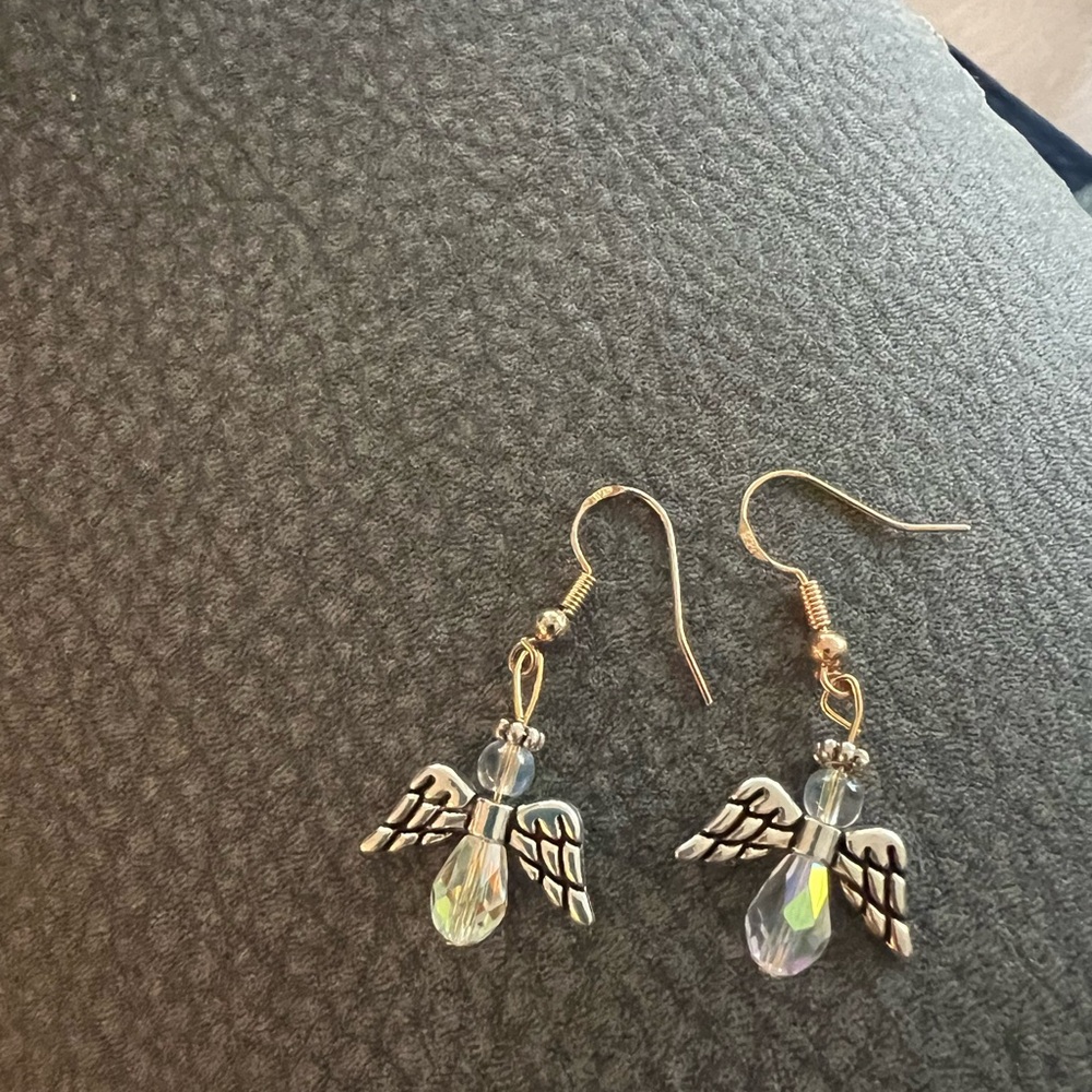Cute little angel earrings with clear glass beads and silver wings